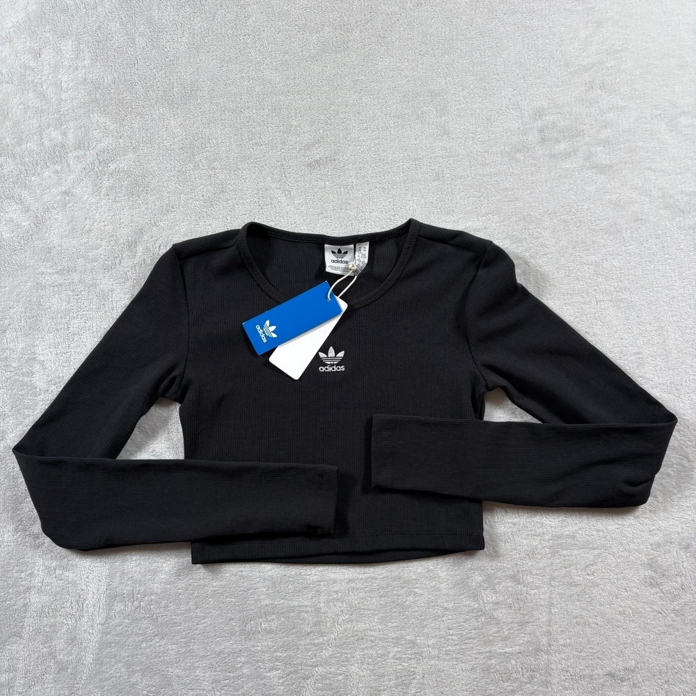 Adidas Originals Essential Ribbed Knit Crop T-Shirt Womens XS Black Round Neck